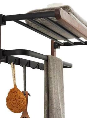 卫生间挂毛胡巾架折上免打孔黑色墙浴室置物架免打孔NUI叠桃木毛