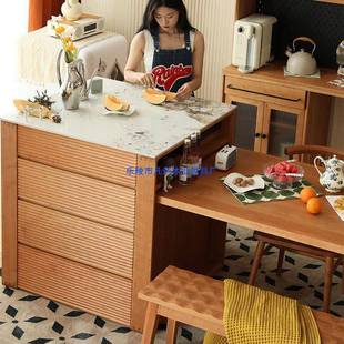 樱桃木居中岛台木岩板餐厅吧台房桌一体开放式 厨茶餐水柜实料WAX