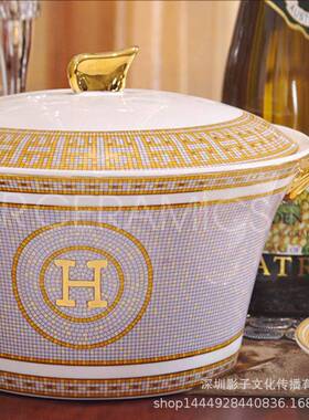 欧碗碟套家用58组头H标装金边结婚式送礼Z1204瓷器碗盘套碗合餐具