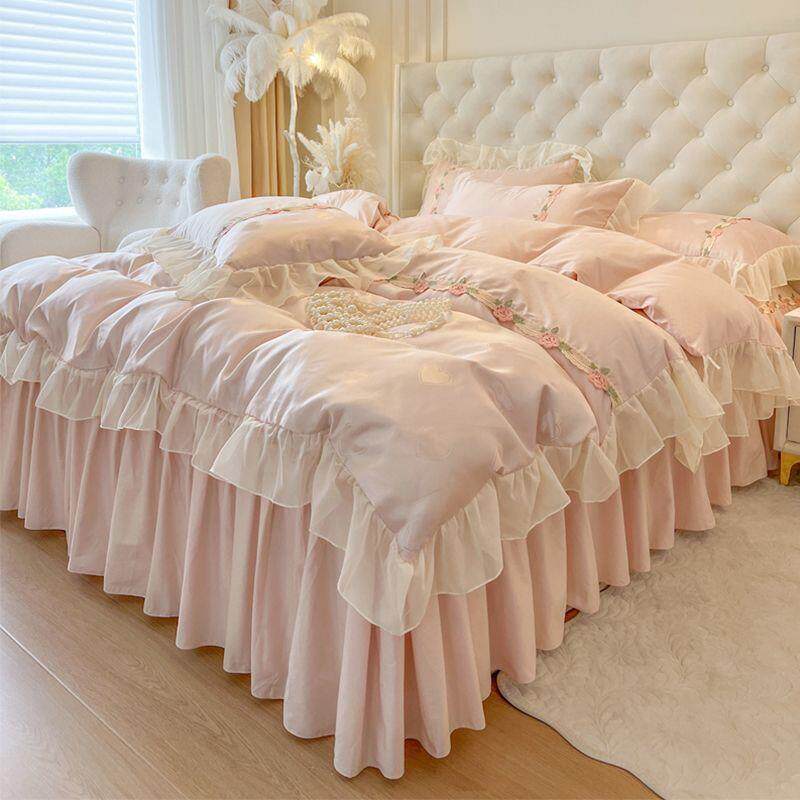 款法式轻风贡缎提FQR花奢全棉床款四件套裙纯棉花边被套四季新床