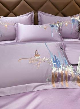 新款100支棉长绒四件奢套全棉贡缎刺绣四件套01120高档床轻纯棉上