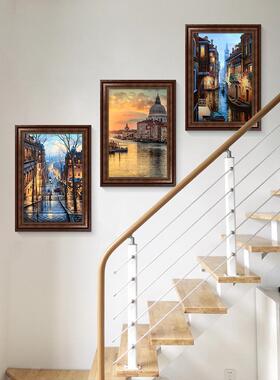 别墅楼梯XIK间三美式油画客道厅装饰画走过欧式壁画复式楼道挂联