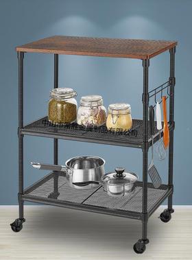 广东厂家LDN直木销厨房三层可餐移动黑色带储物架带复古板厅轮手