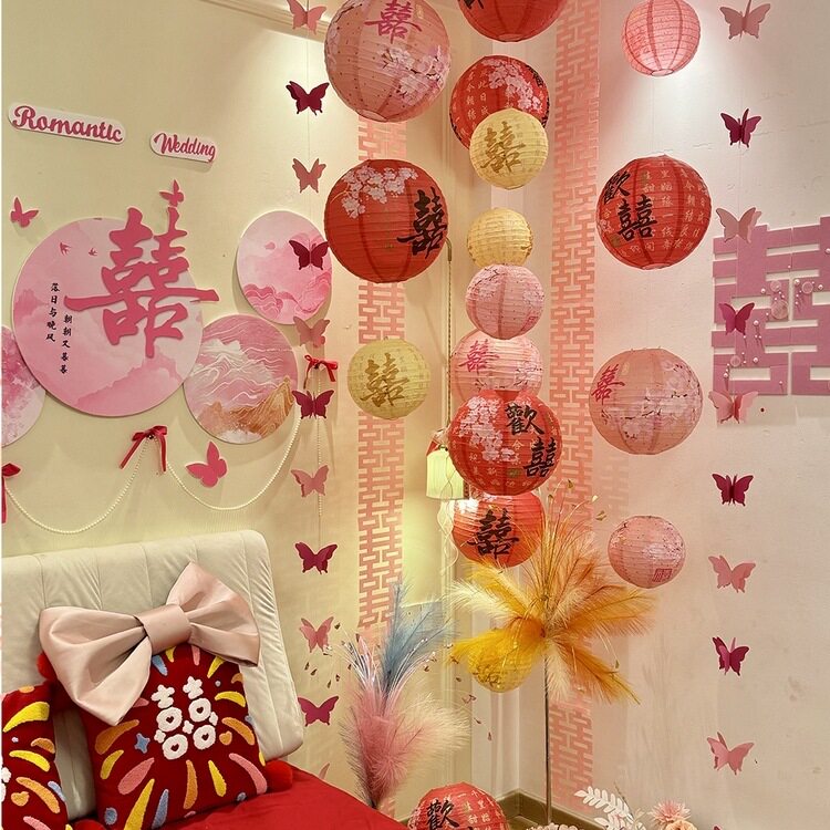 婚房喜字灯笼拉花窗帘套装