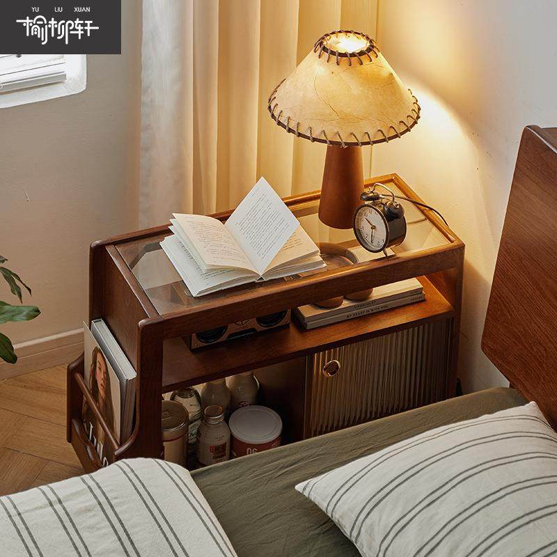 BJ-002实木边物几现代约客厅简带轮可移动纳收置柜家用复古沙发侧