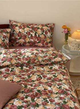 K9K美式复古玫四瑰花全棉BF767M858件套超漫田园风花浪卉纯棉被套