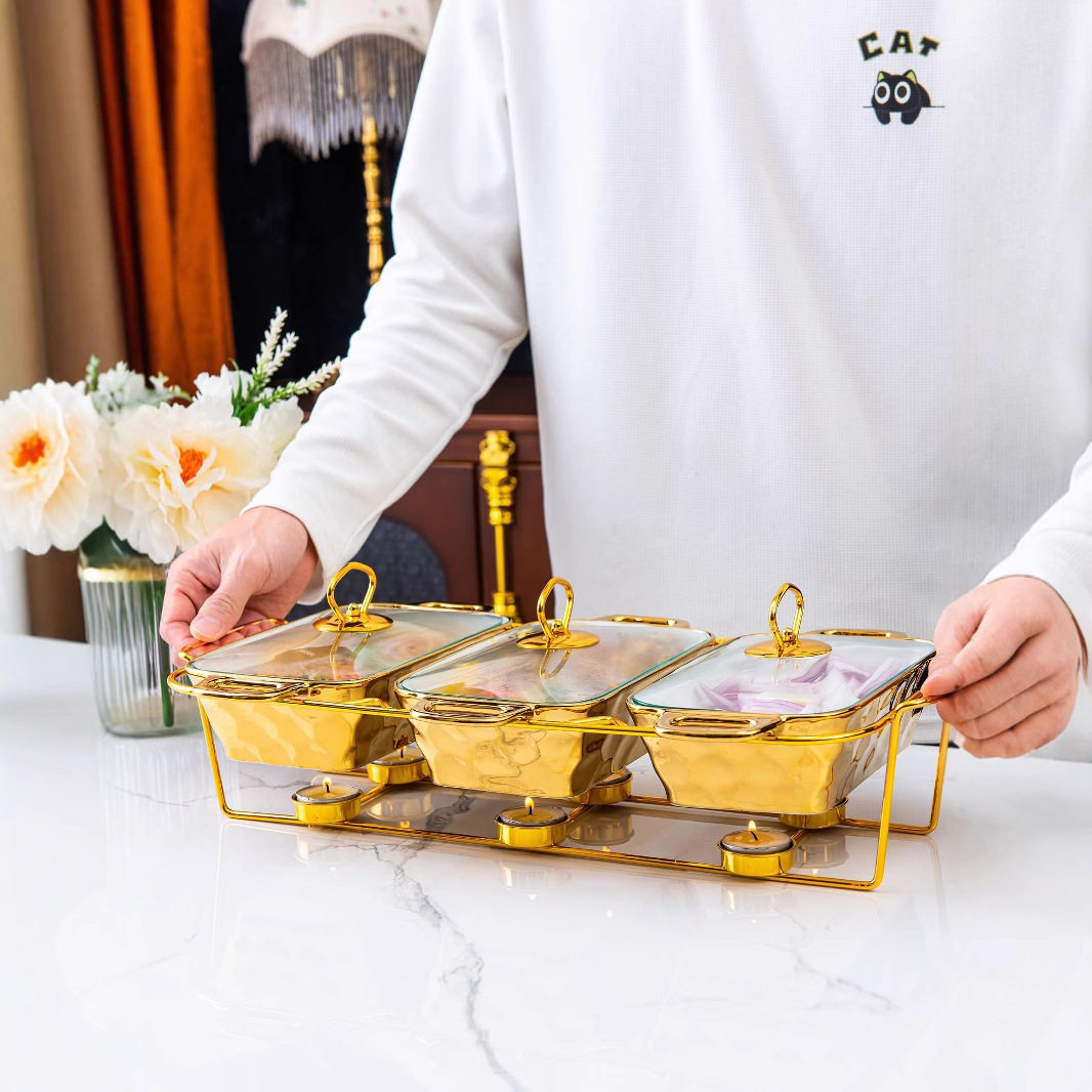 金色玻璃盖三格长方形烤盘