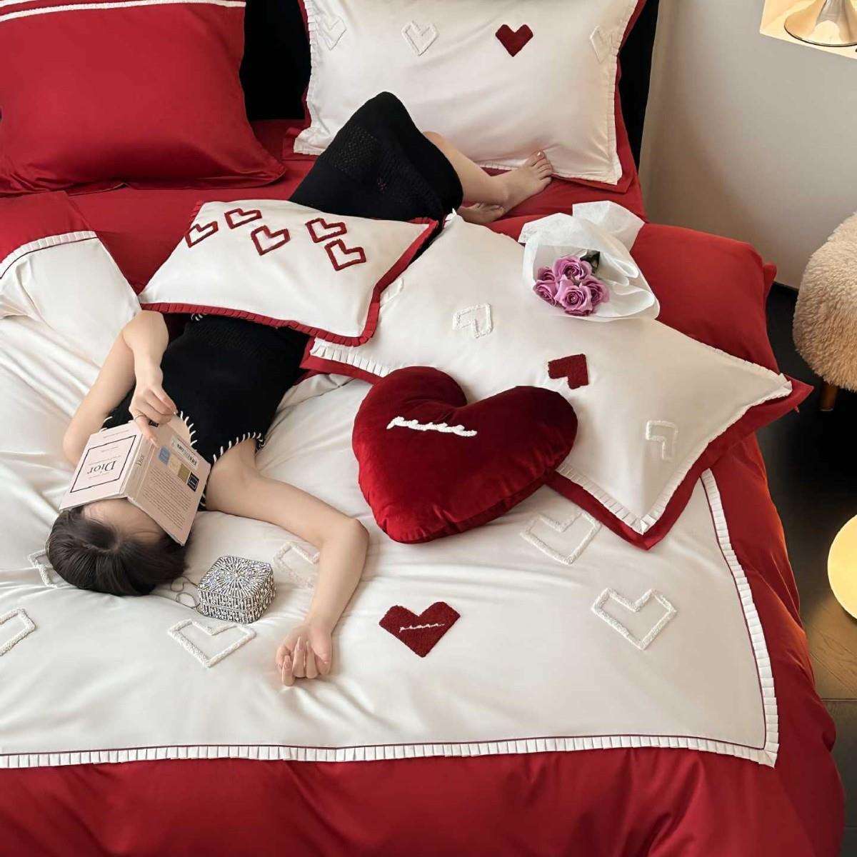 爱心毛巾绣全棉新婚四件套纯棉结婚被套红色喜庆陪嫁妆床品