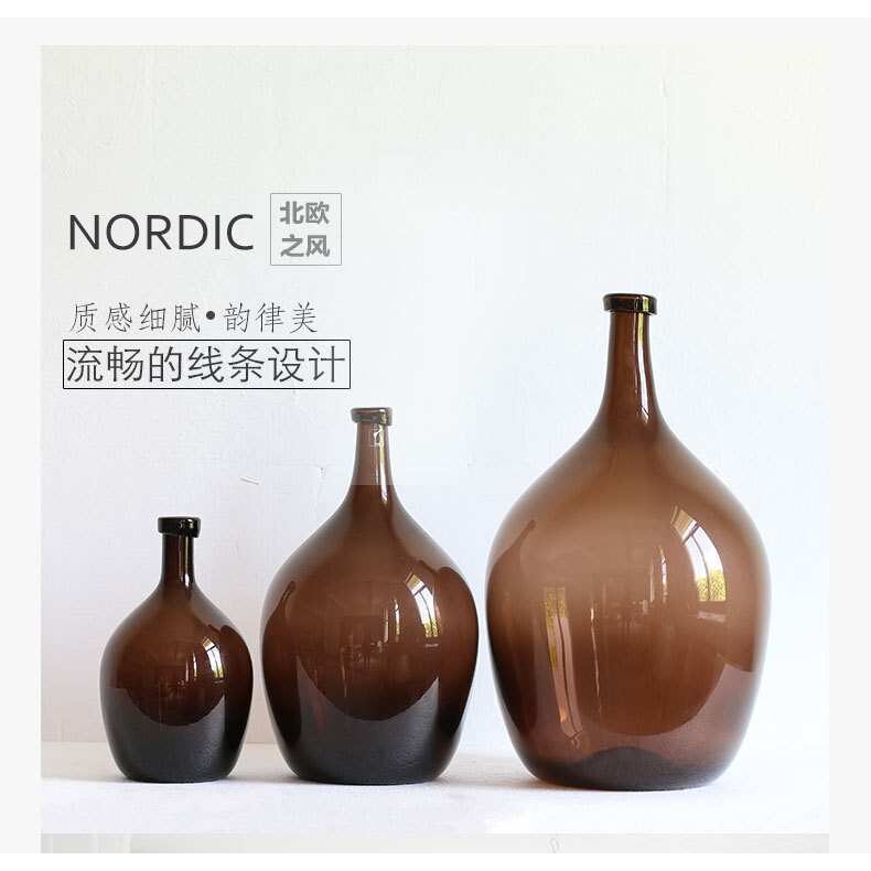 北欧咖色细颈酒瓶状玻璃大花瓶彩色 水培花器玻璃花瓶摆件