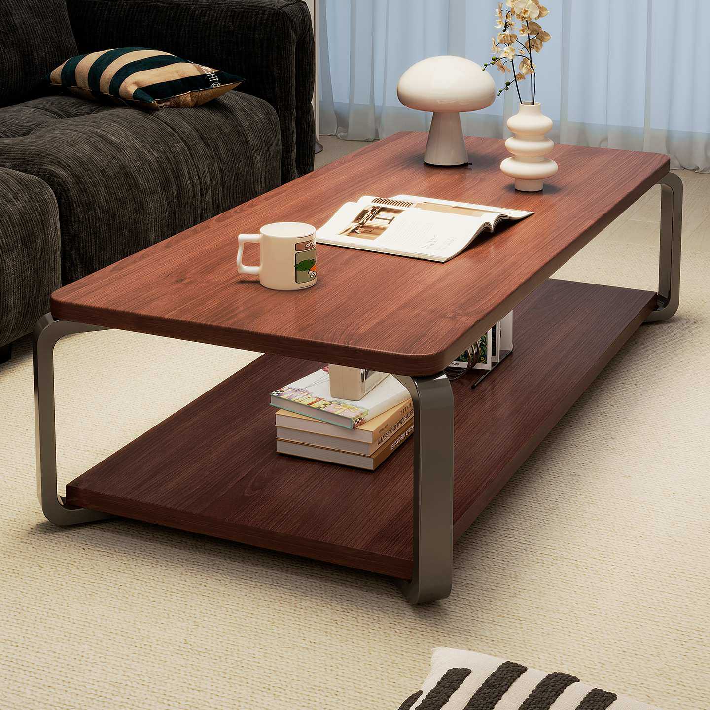 茶几客厅家用2026新款小户型办公室方形简易双层沙发中古风茶几桌