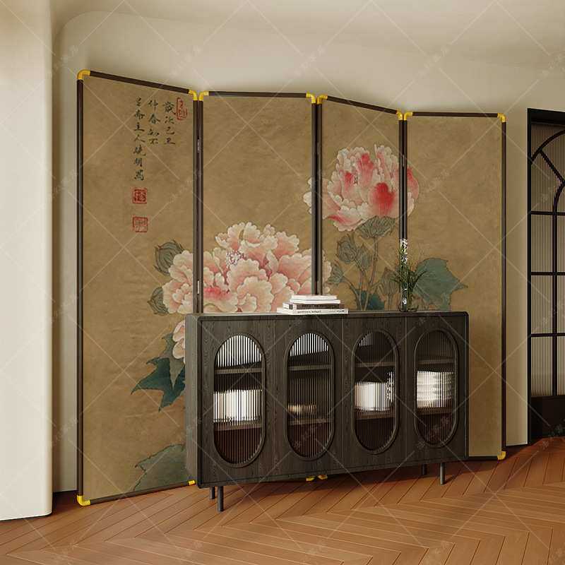 新中式复古牡丹玄关茶室屏风隔断客厅卧室家用沙发办公室大厅背景