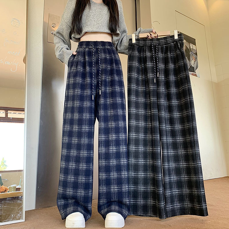2026早春新款女生微喇休闲格子裤系带高腰百搭显瘦宽松拖地阔腿裤