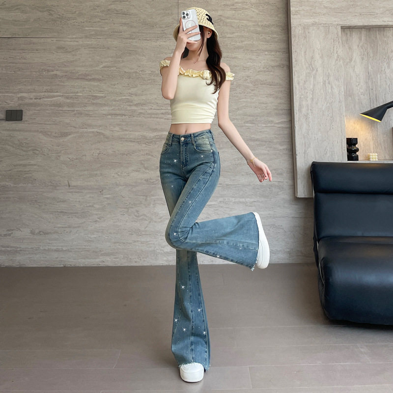 2025年新款显瘦高腰小个子烫钻修身喇叭裤微喇牛仔裤女夏薄款