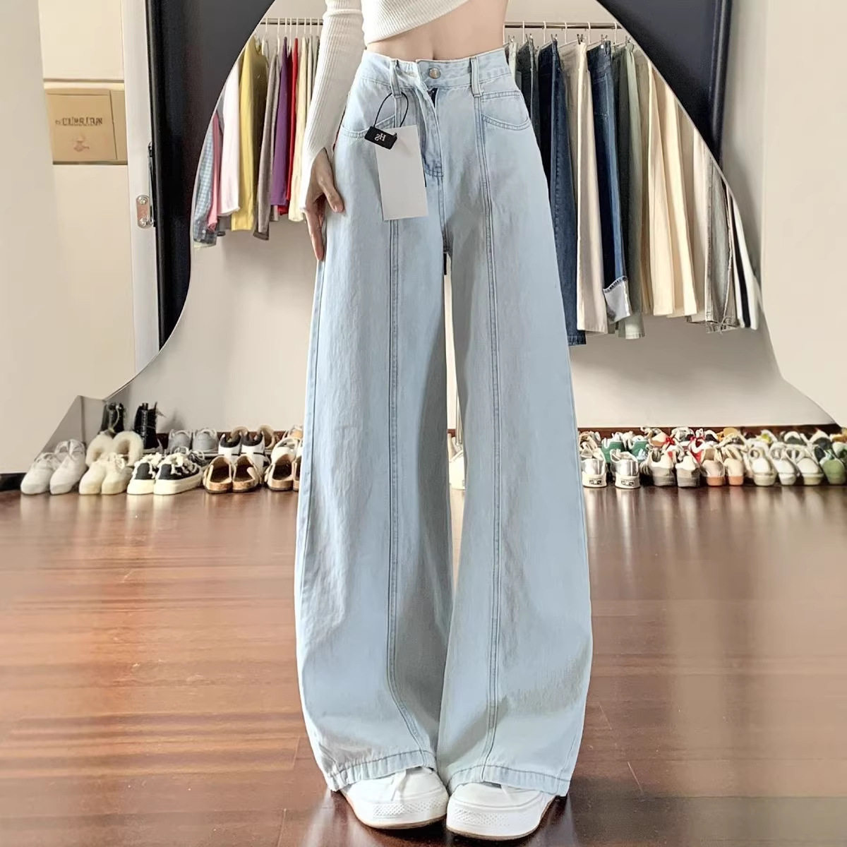 浅蓝色女式直筒牛仔裤女款高腰垂感小个子宽松梨形身材阔腿直筒裤