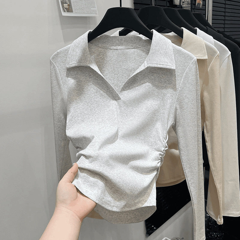 polo领长袖修身T恤女春季棉质内搭打底衫 设计感抽褶收腰女生上衣