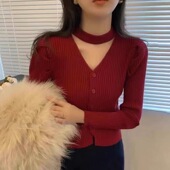 泡泡袖 短款 毛衣女内搭打底衫 v领长袖 上衣 季 针织开衫 洋气修身