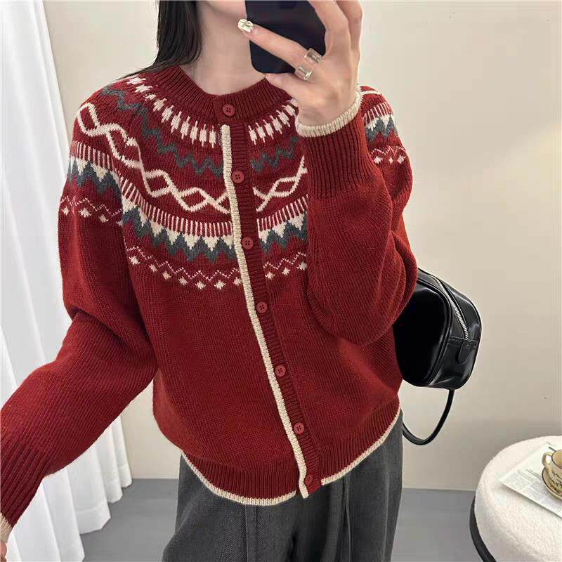 红色浣熊绒费尔岛过年毛衣外套女秋冬新年早秋加厚高级感针织开衫