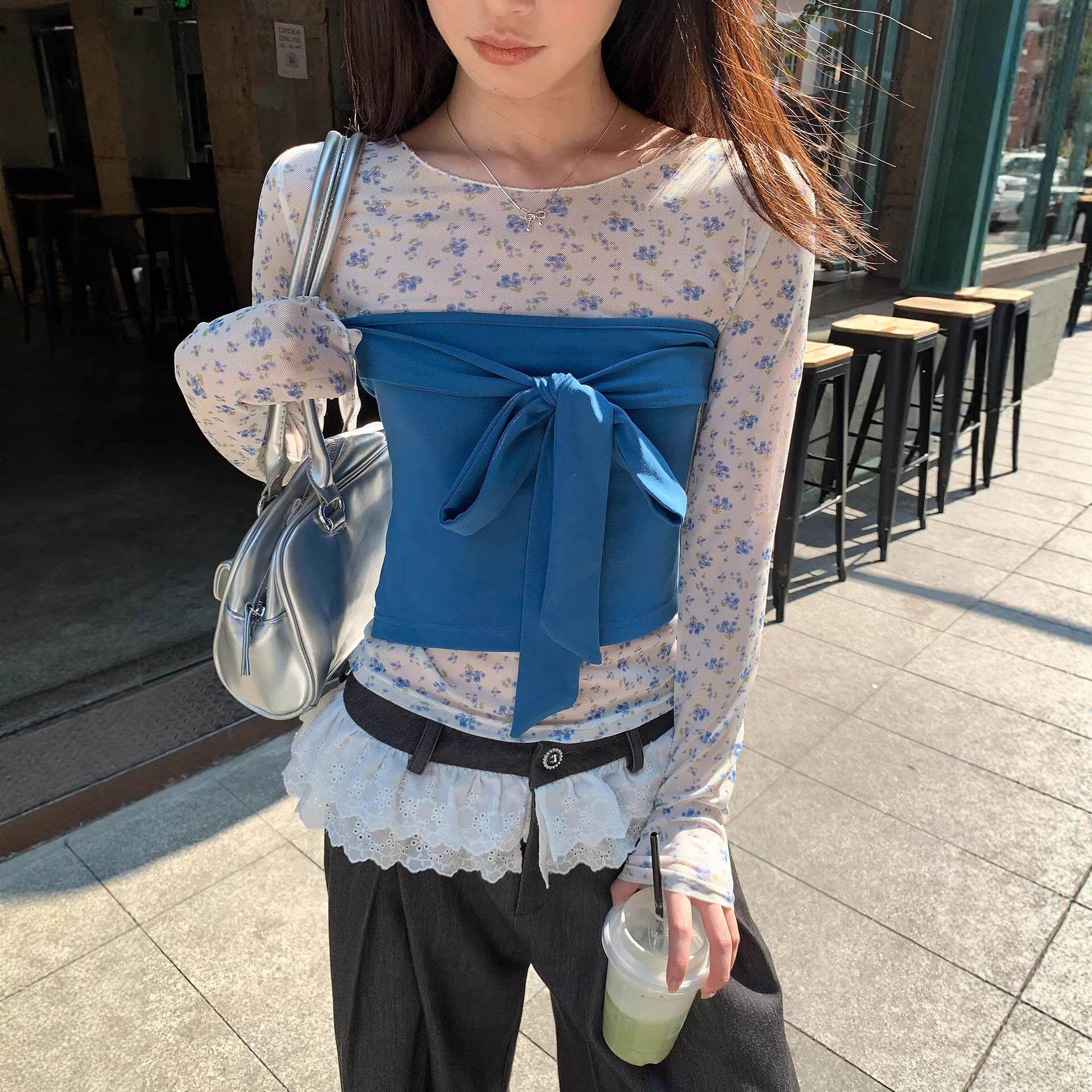 春季防晒上衣打底衫+抹胸两件套2026新款微透纱长袖T恤女碎花套装