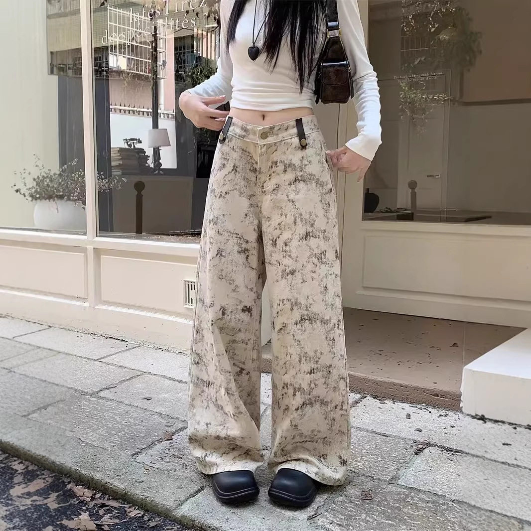 小众扎染阔腿牛仔裤女款直筒显瘦小个子裤子宽松低腰垂感拖地长裤