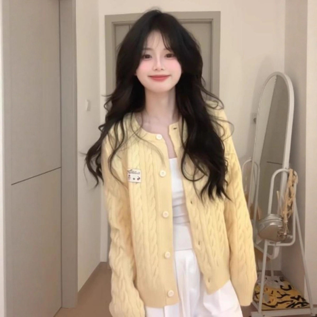 山力达迪黄色开衫针织外套女2025新款春秋麻花毛衣慵懒风上衣韩系