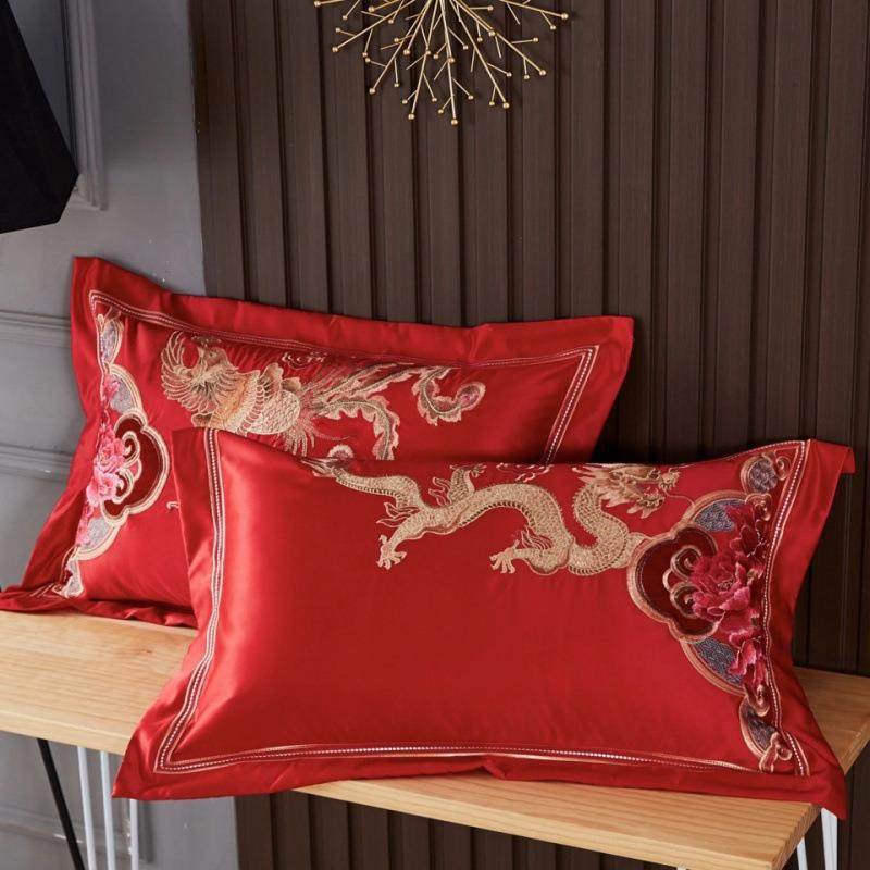 一对装纯棉全棉枕头套48x74绣花刺绣大红色婚庆喜庆结婚单人枕套