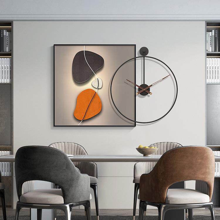 现代轻奢餐厅装饰画带时钟表组挂合画石来运转带大气简约饭厅壁画