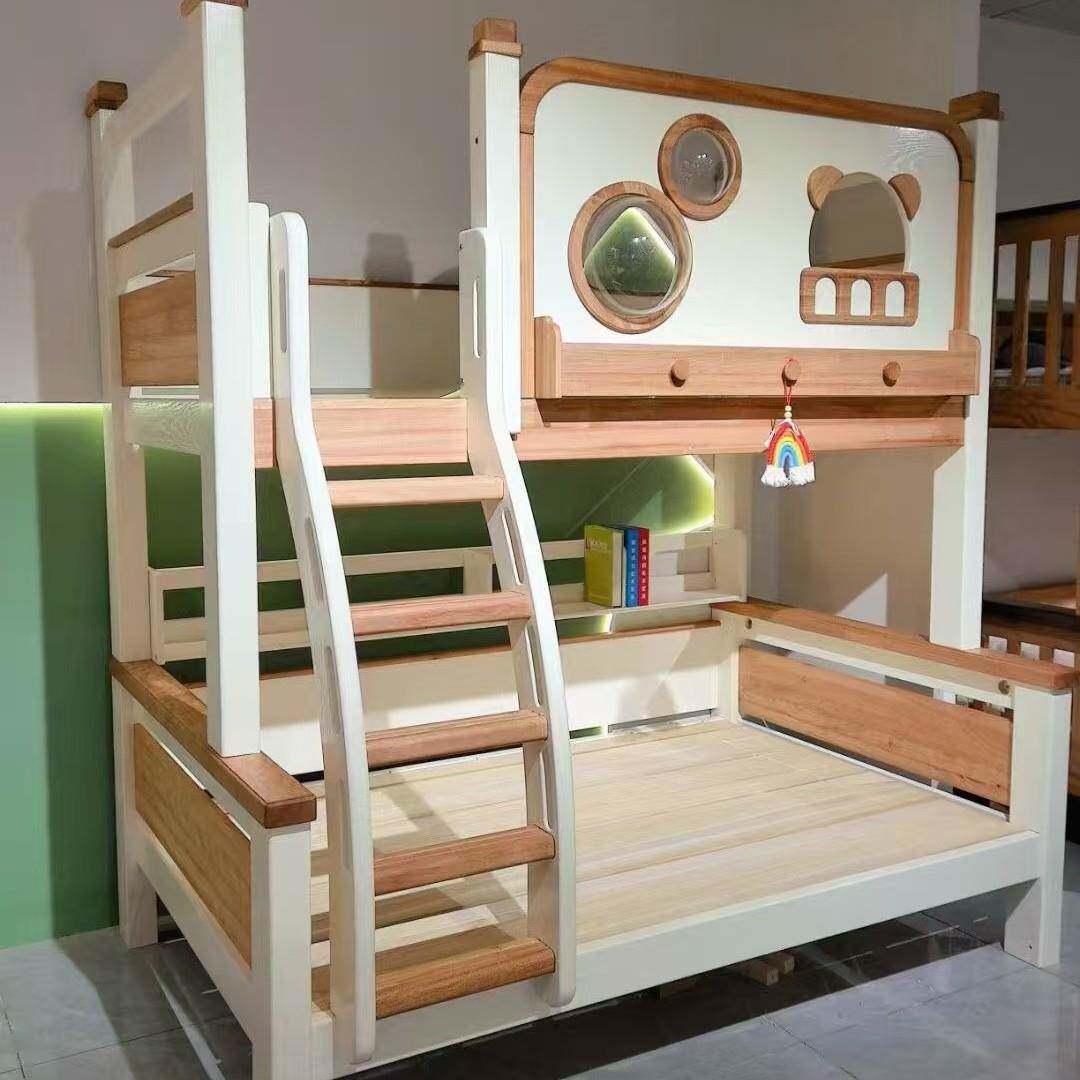 纯蜡木高护栏床儿童上下双层3#树屋床低树屋子母原实木木油两层高