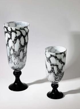 欧式复古黑白水墨琉璃花瓶桌面摆件装饰大口径玻璃花瓶插花鲜