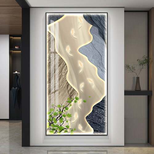 ZA0510画九鱼图带灯ed玄轻奢入户关装饰l画竖版走廊过道挂简约现