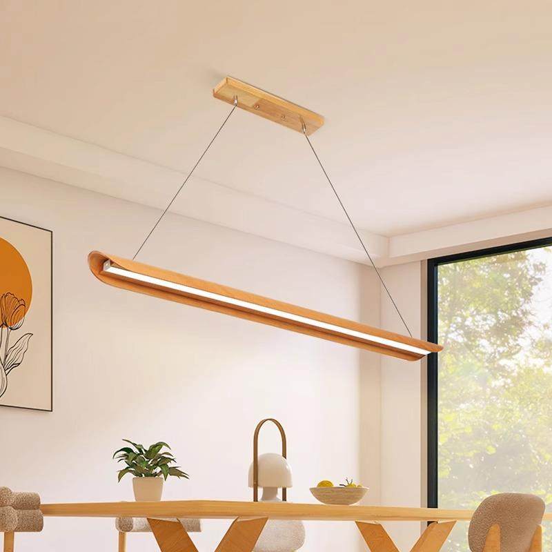 餐厅吊灯日式原木风现代简约实木长条餐桌led创意新木艺灯具