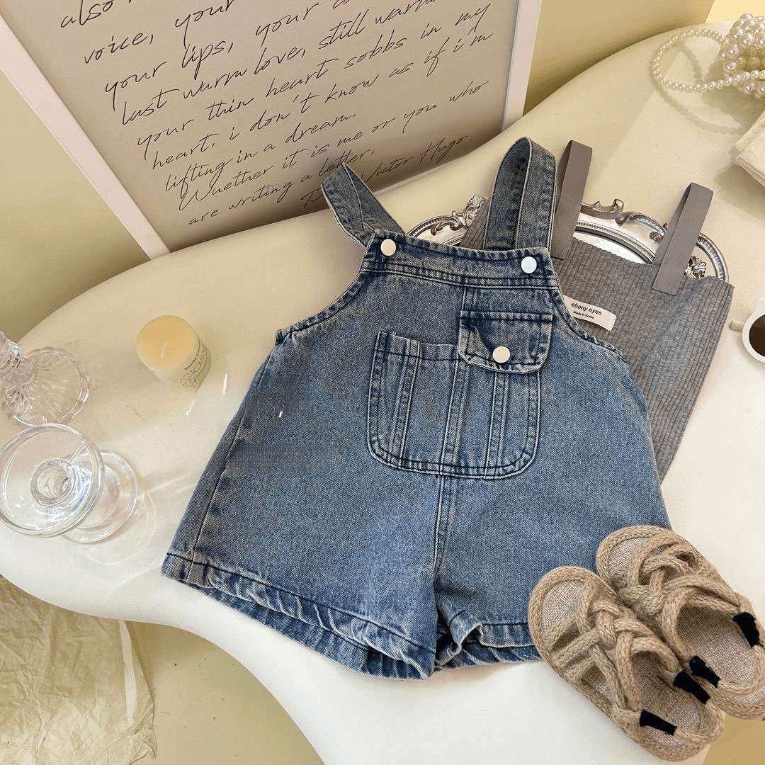 女童套装夏款2024新款儿童吊带背心牛仔背带裤两件套女宝洋气夏装