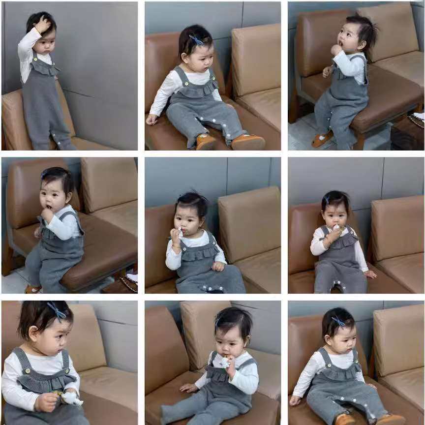 ins爆款春秋新款婴儿背带裤纯棉针织花边连体衣女宝宝背带哈衣爬