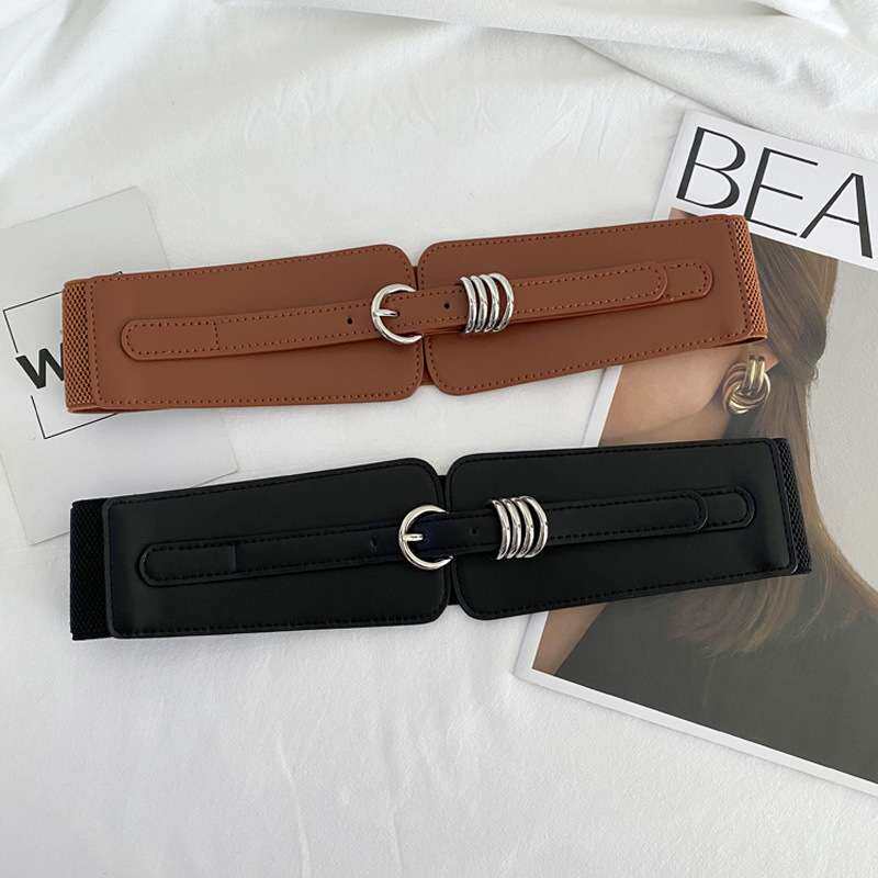 新款时尚银色金属圈女士宽腰封复古潮流大衣裙子外搭装饰松紧腰带