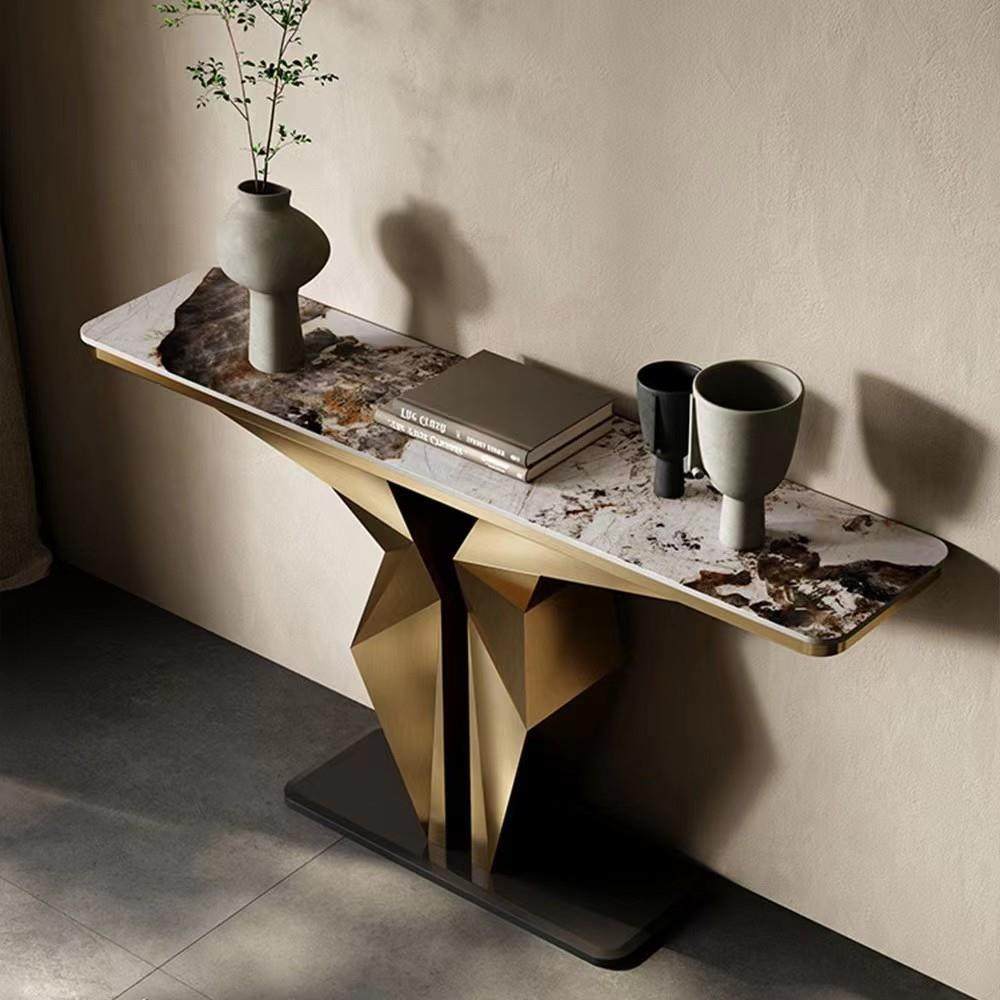 轻奢入户玄关别墅客厅走廊不锈钢一体靠墙条案现代简约岩板玄关桌