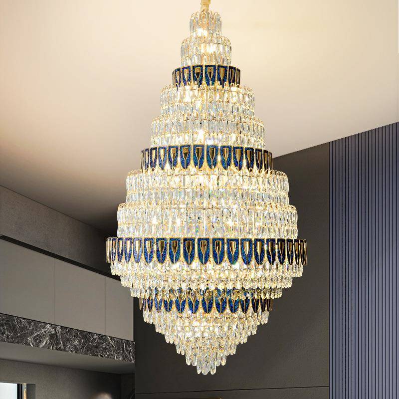 轻奢新中式别墅大厅挑空吊灯大气复式楼中空客厅金黑色水晶大吊灯