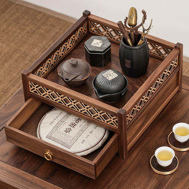 胡桃木收纳柜客厅茶桌台面置物柜简约抽屉高档窗花茶室茶饼茶具架