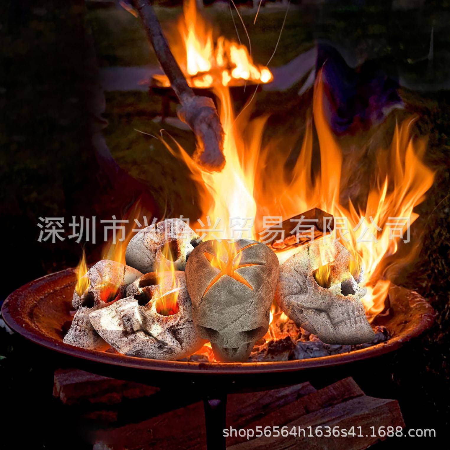 万圣节摆件节日派对装饰品烤炉火炕陶瓷工艺品头顶冒火火烧骷髅头