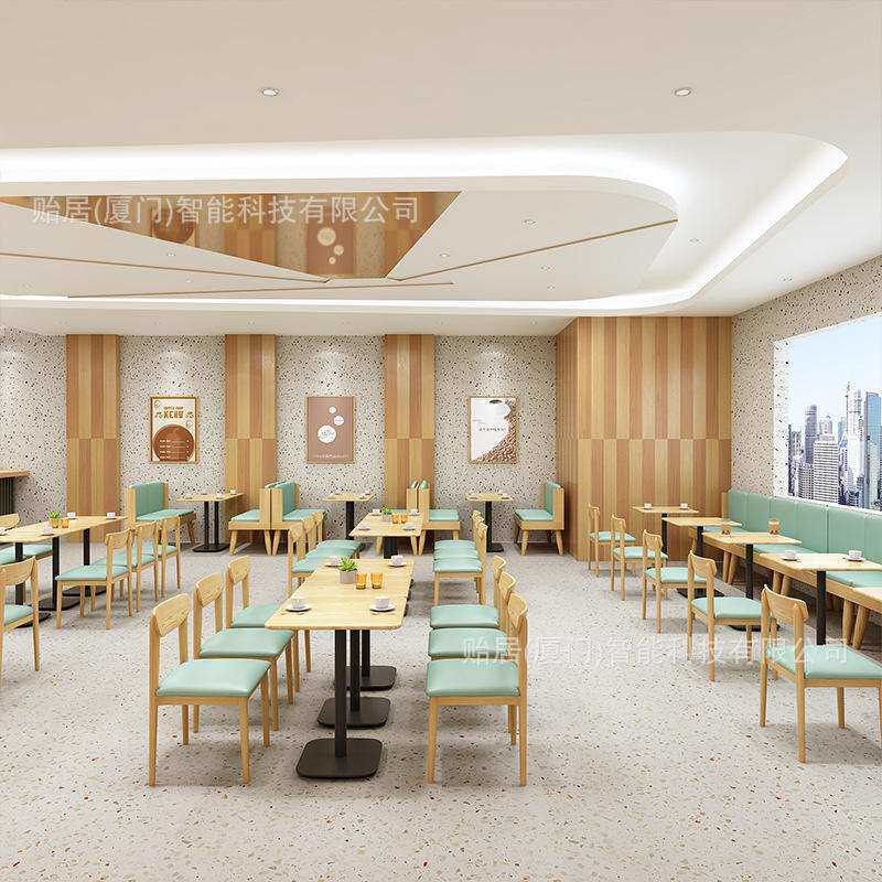 原木风奶茶店软包卡座桌椅源头工厂清新餐饮沙发桌椅组合定制