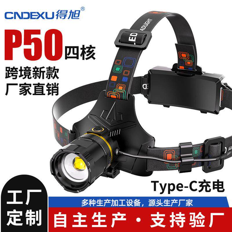 跨境新款感应大功率P50高亮强光超亮伸缩头戴式头灯变焦户外头灯