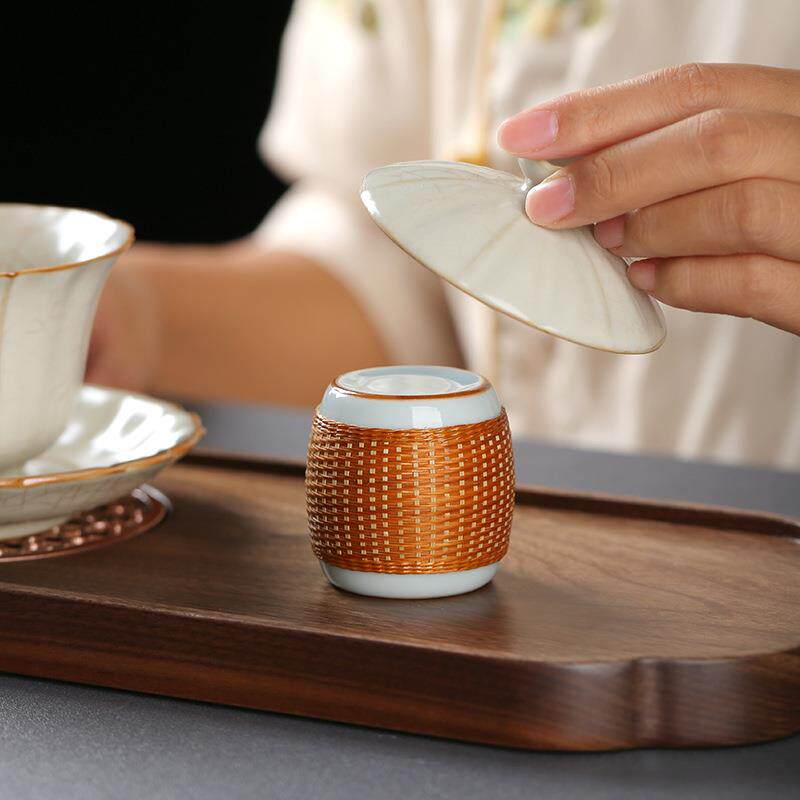 中式陶瓷竹编盖置盖托茶道摆件盖碗茶杯茶壶茶托汝窑功夫茶具茶宠