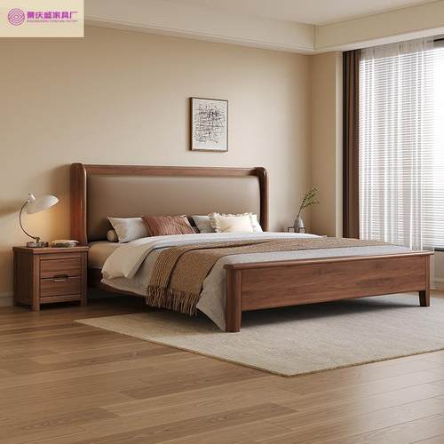 现式新代简约1UKH.5米软靠婚床中金胡桃木实木主卧大床丝双人1.8x