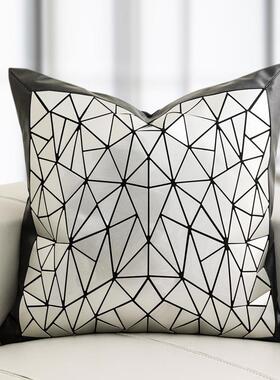 设抱计师款大枕黑色PU皮革拼边靠镜枕面几何纹靠装垫儿TYT童房软