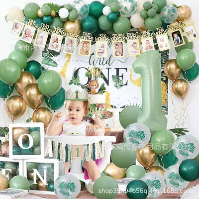 宝宝2周岁ONE动物森林气球装子NEWBORN1-PRG1月照盒片墙大气球盒