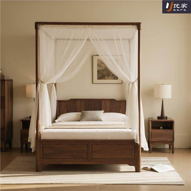 黑胡桃明木新中式实架子双人四床HSE柱床宋式式民宿家用卧木室拨