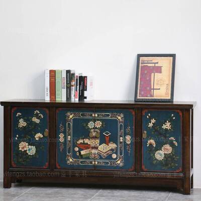新中式仿古实木彩绘玄关绘做旧复古电柜视柜手餐边81768储物柜装