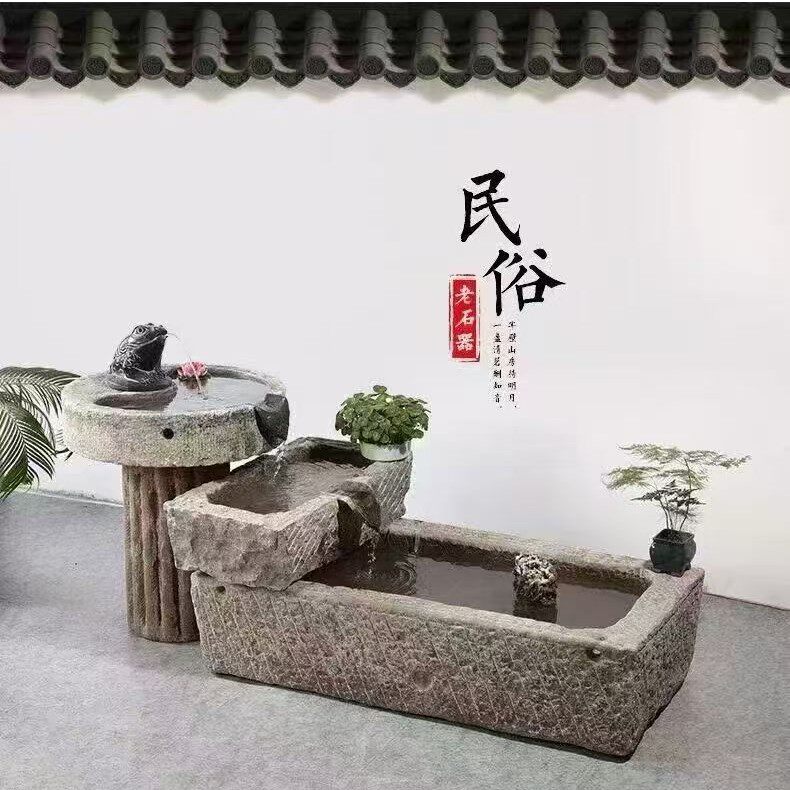 青石鱼缸仿古流水养鱼石槽户外庭院石雕流水摆件民宿酒店鱼池造景