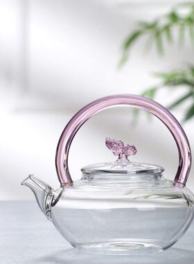 硼硅耐高壶温玻璃泡壶茶RWI高高透亮茶具电陶炉煮茶粉色蝴蝶提梁