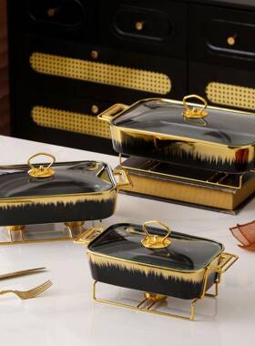 陶瓷黑色金方形双耳烤盘鎏创STH意酒店餐具北白欧铁架烘焙烤盘套