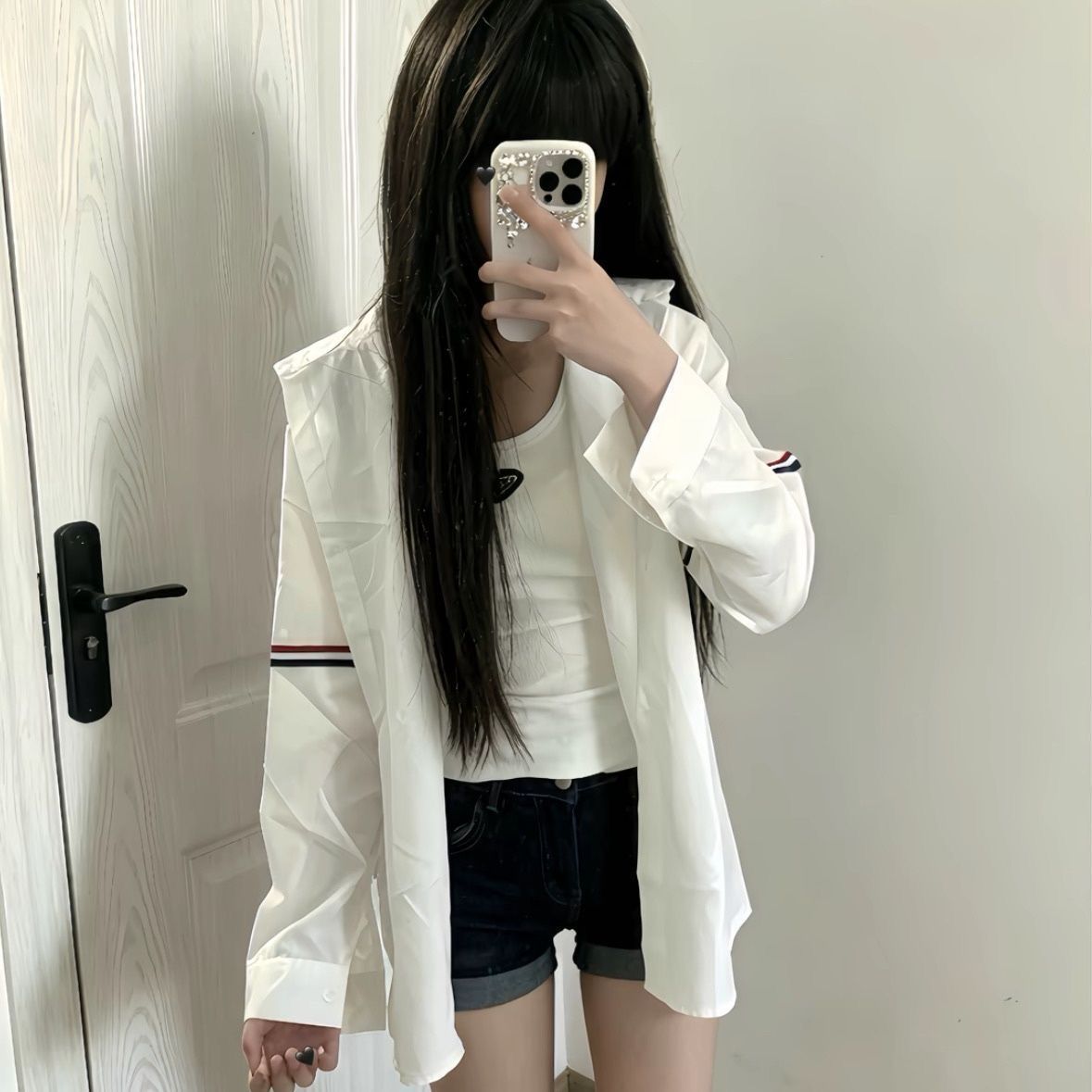 06817实价衬衫女网红三色条纹袖标设计衬衣女