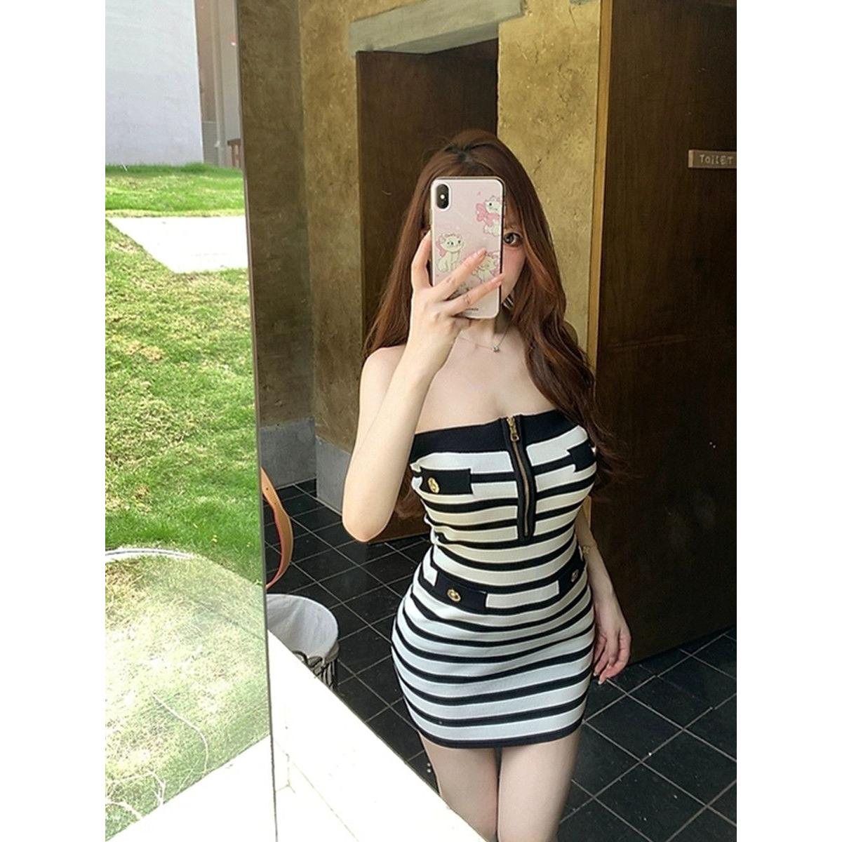 冰爽丝洗水小香风拉链条纹抹胸连衣裙女新款辣妹收腰气质包臀